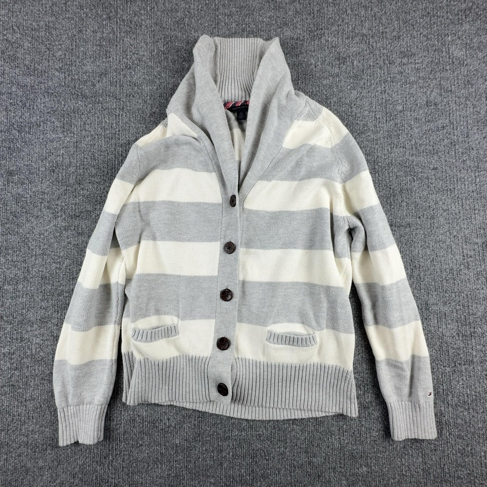 Tommy Hilfiger Cardigan Sweater Womens XL Gray Stripe‎ Shawl Collar Button Front